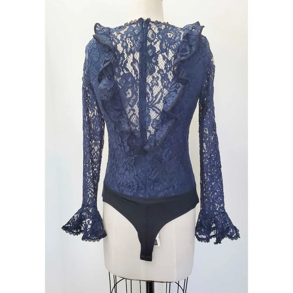 Alexis Womens Pollie Illusion Voulant Bodysuit Lace Top Blouse Navy - NWT M